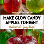 Close-up of glowing Jolly Rancher candied apples on sticks as bright edible Halloween treats for kids.